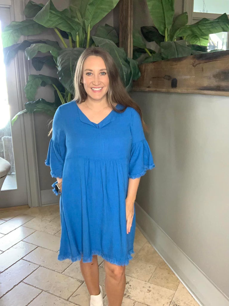 Linen Blue Fringe With Pockets