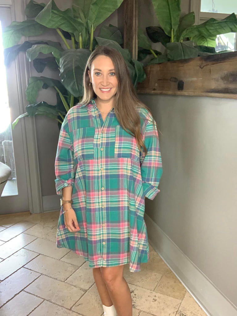 Emerald Plaid Dress With Pockets