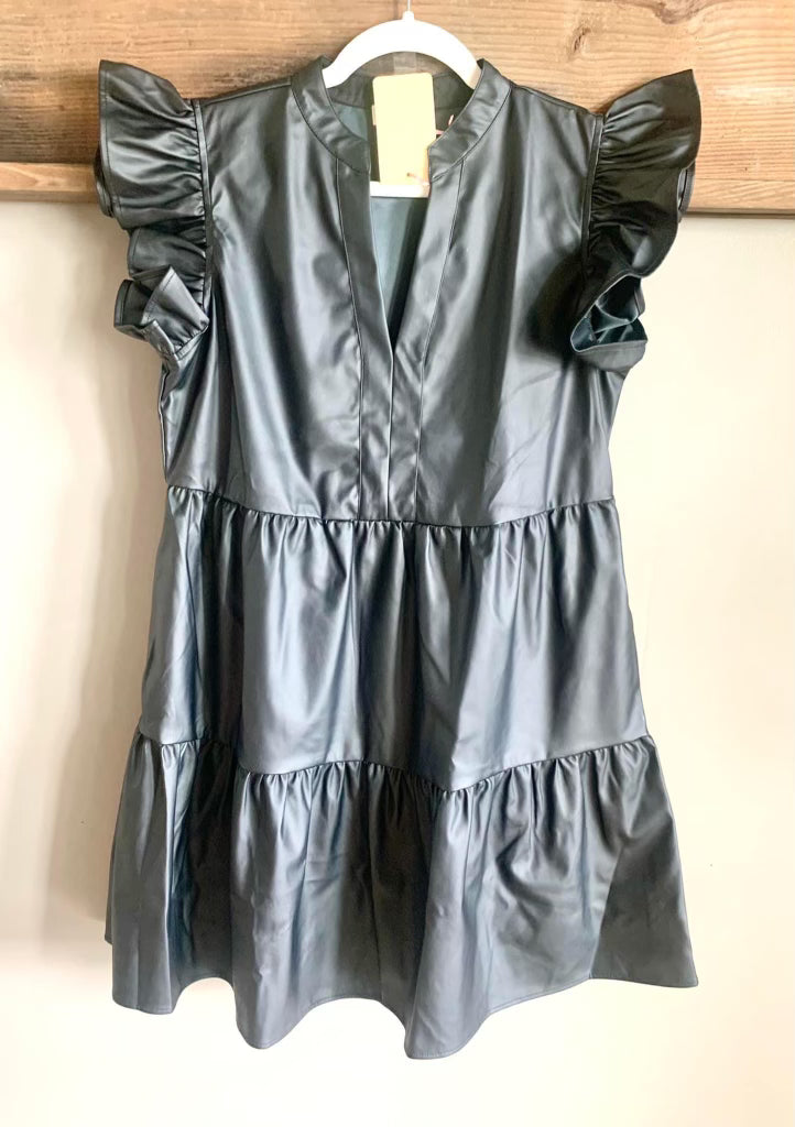 Faux Leather Ruffle Dress With Pockets