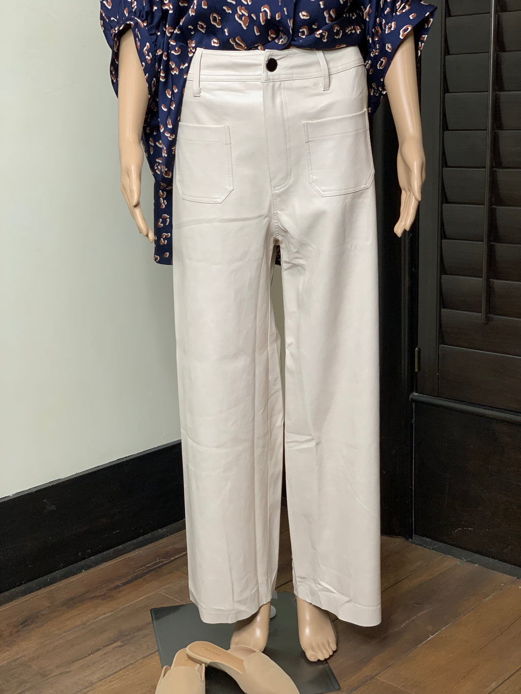 Faux cream Leather raw hem pants