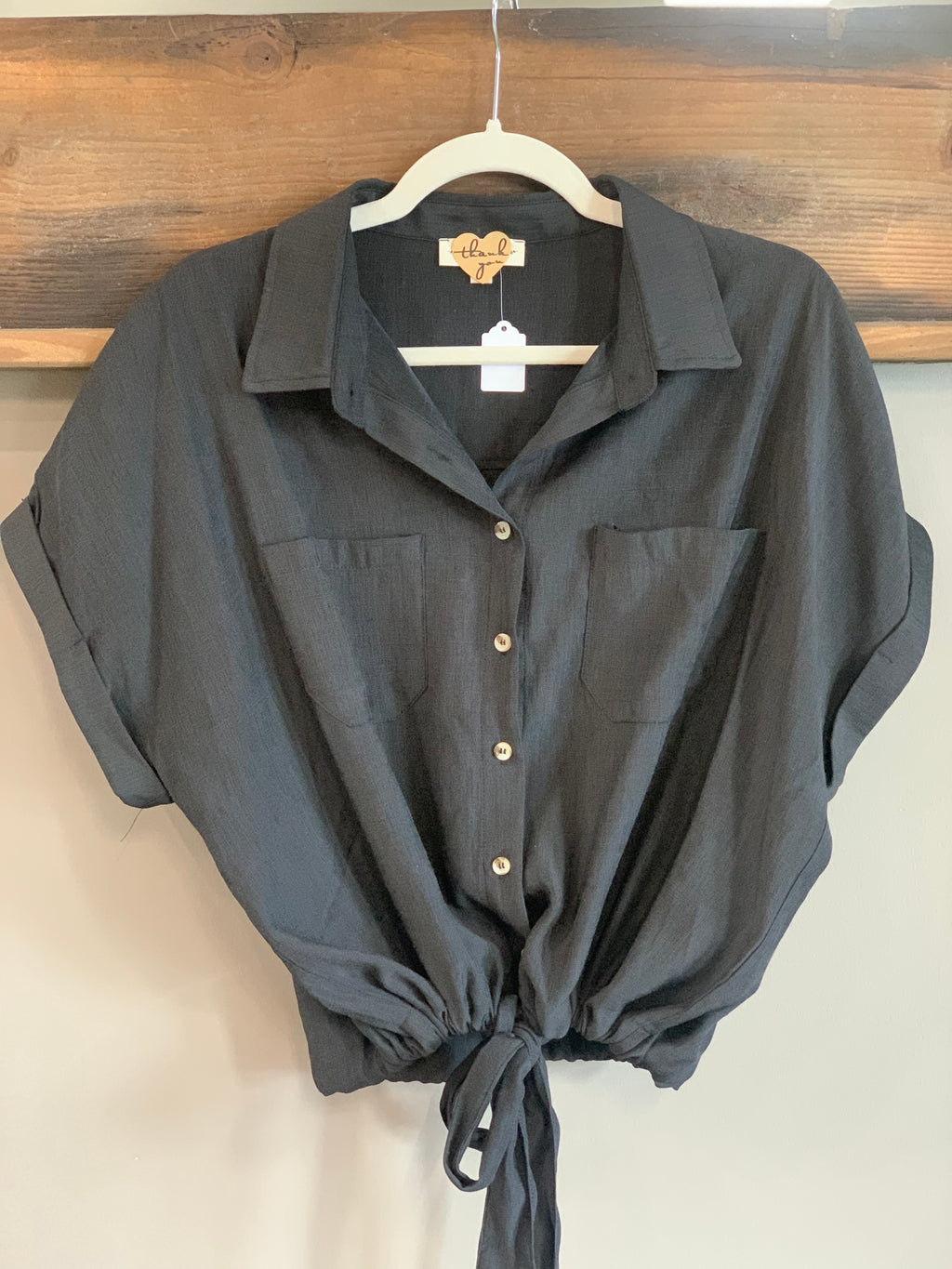 Black drawstring waist button up